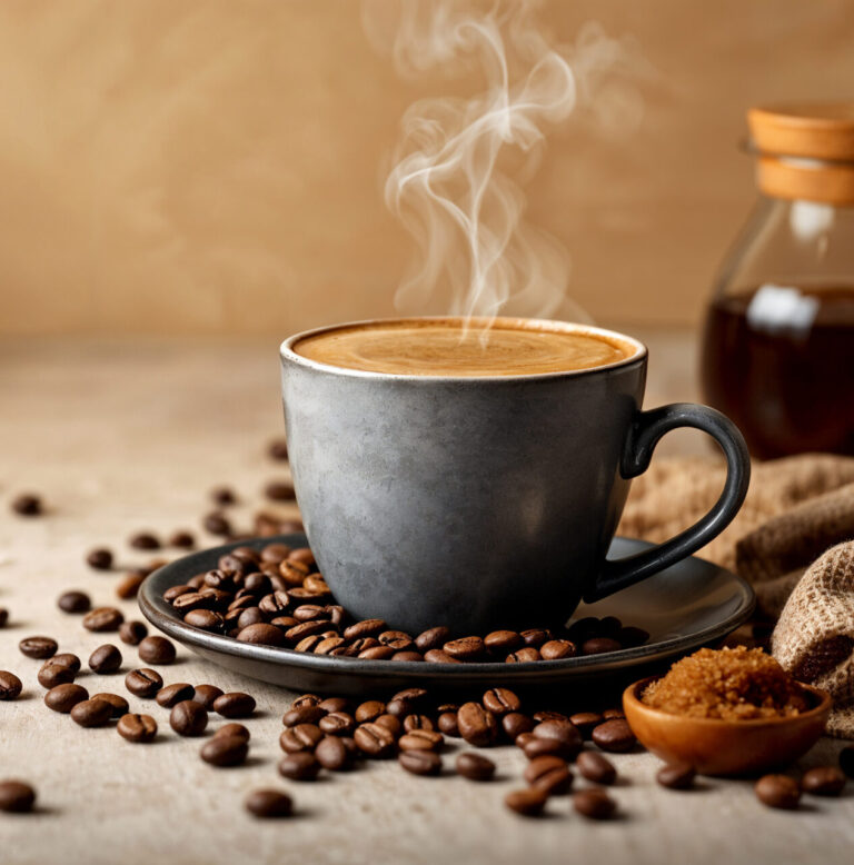 Hot cup of freshly brewed coffee with steam rising
