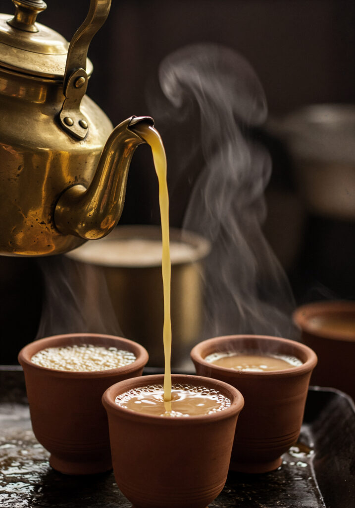 Tea being poured from a teapot into traditional clay cups.