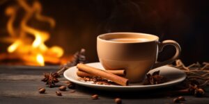 A warm cinnamon-infused beverage in a glass cup, glowing softly under ambient lighting on a wooden table.