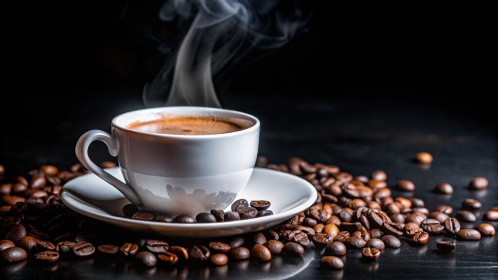 A freshly brewed steaming cup of coffee placed on a white saucer, surrounded by scattered roasted coffee beans on a wooden surface.